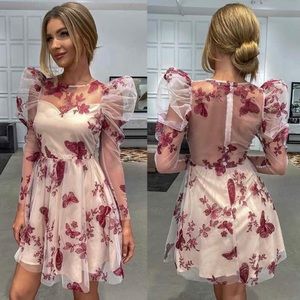 Gigot Sleeve Butterfly Embroidered Dress